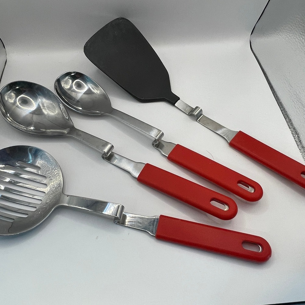 4 Pc Kitchen Utensil Set Red Retro Pot Rest Stainless Steel 4pc